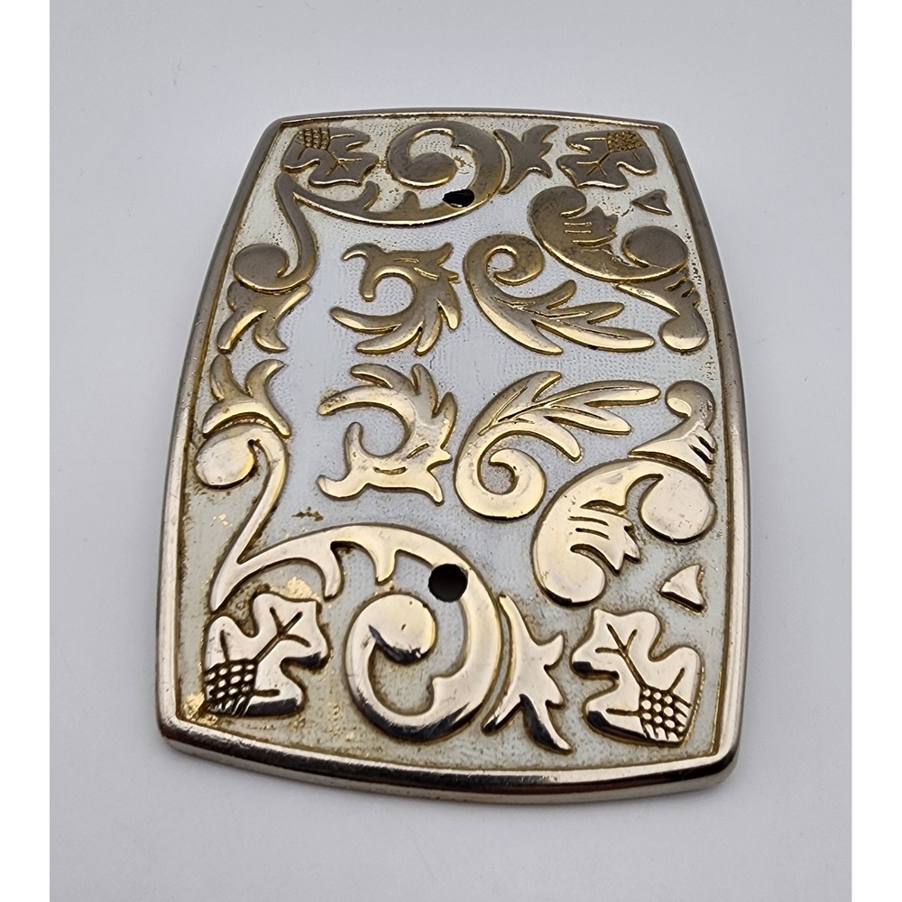 Vtg Belt Buckle Floral Leaf Pattern White and Gold